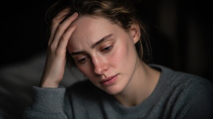 Woman sitting alone with a worried expression in a dimly lit room during evening time