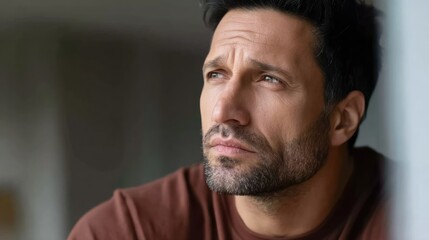 Man looks thoughtful while sitting indoors near a window in a quiet moment of reflection
