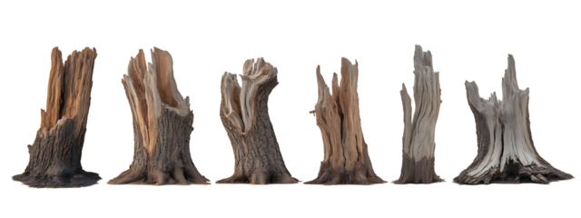 Collection of weathered tree stumps isolated on transparent background
