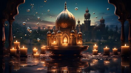 Ramadan Kareem and Eid Mubarak Backgrounds, Islamic Lanterns, Mosques, Festive Night Illustrations