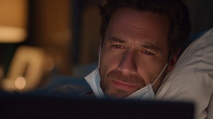 Man looking at a screen while wearing a mask at night in a dimly lit room