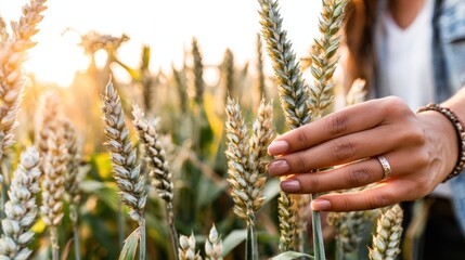 Woman harvesting wheat in a sunny field during the late afternoon