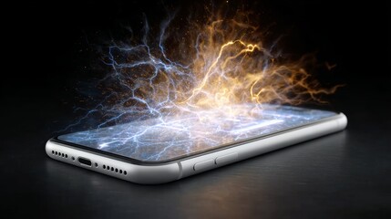 Smartphone mock up levitating with a dynamic holographic interface bursting forth in vibrant colors, symbolizing digital innovation and future connectivity with copy space