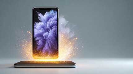 Smartphone levitating above a sleek surface, surrounded by a vibrant explosion of holographic light, symbolizing digital innovation and future connectivity in a hyperrealistic scene with copy space