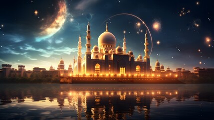 Ramadan Kareem and Eid Mubarak Backgrounds, Islamic Lanterns, Mosques, Festive Night Illustrations