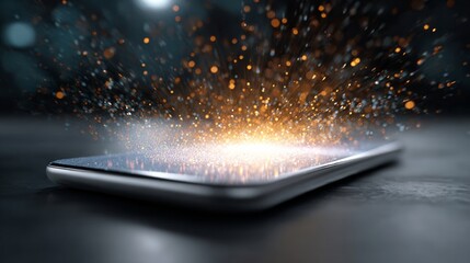 Smartphone levitating above a surface, surrounded by a vibrant holographic interface bursting with light and energy, symbolizing innovation and future connectivity in a hyperrealistic digital world