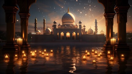Ramadan Kareem and Eid Mubarak Backgrounds, Islamic Lanterns, Mosques, Festive Night Illustrations