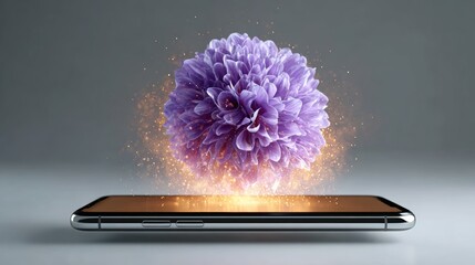 Smartphone mockup levitating with a vibrant holographic flower emerging, showcasing innovation and digital connectivity through stunning light and motion in a hyperrealistic scene with copy space