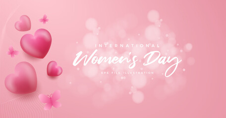Banner design for International Women's Day with pink background with heart and butterfly decoration