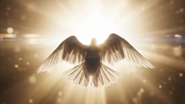 A white dove flying towards a bright divine light. The Holy Spirit as a symbol of faith, hope, and peace. Spiritual animation for Easter and worship