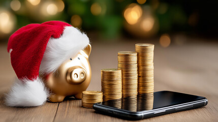 Smartphone beside gold coins and piggy bank, Santa hat holiday decoration, New Year financial planning, festive spending concept, digital money management, seasonal budgeting visualization,