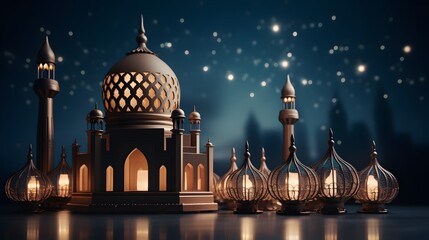 Ramadan Kareem and Eid Mubarak Backgrounds, Islamic Lanterns, Mosques, Festive Night Illustrations