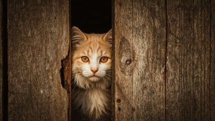 A ginger cat peering through a narrow opening in a wooden fence.