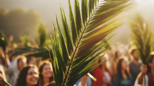 A crowd of people waving palm branches in celebration of Palm Sunday. Worshippers celebrating Jesus' triumphal entry. Christian Easter holiday concept