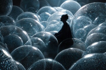 Silhouetted person among translucent spheres representing isolation and inner world concept