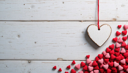 White wooden heart ornament hanging on red string surrounded by small red and pink hearts with love