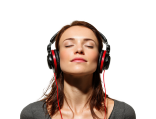 Relaxing music experience person with headphones calm environment, isolated on transparent background, png