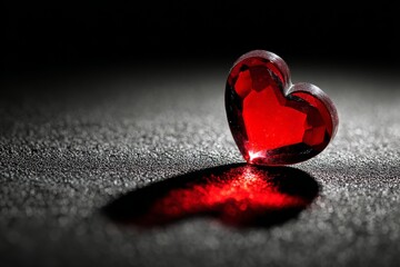 Red glass heart with strong reflection on dark surface representing intense emotional concept