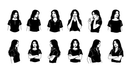 A captivating collection of black and white line art illustrations showcasing a young woman expressing various emotions and poses.