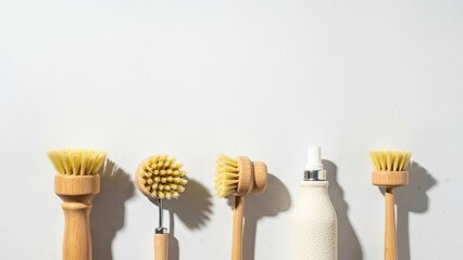 Row of natural wooden body massage brushes and white bottle on white wall background, spa wellness tools with shadows