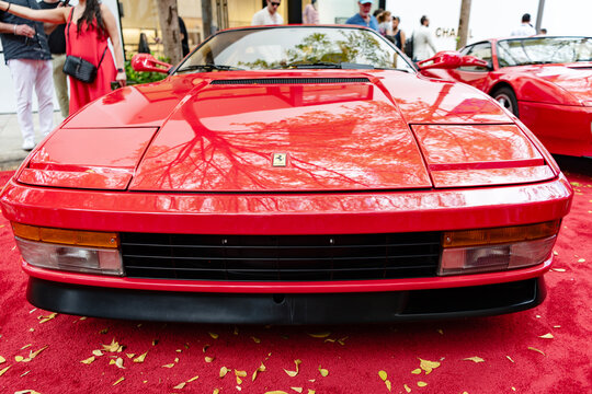 Miami, Florida, USA - February 16, 2025: Retro sportscar Ferrari F8 Tributo. Car Ferrari F8 Tributo parked outdoor. Red sportscar, front view. Ferrari Testarossa retro sport car.