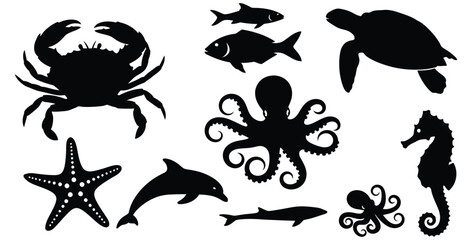 Collection of black silhouette icons featuring various marine sea life creatures including a crab starfish dolphin turtle octopus and fish © Mst Zakia