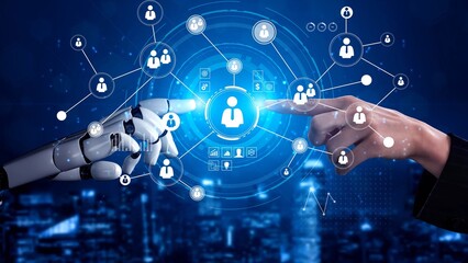 Digital Connection Between Human and Robot Hands with Social Network Icons Representing Interaction and Collaboration in a Futuristic Environment Gluon.