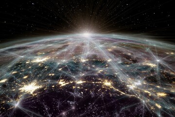 Earth at night with glowing global connections representing worldwide communication concept