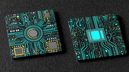 Abstract circuit board panels featuring intricate designs with glowing teal accents on a dark background, showcasing ultra-photorealistic details and premium product photography with copy space