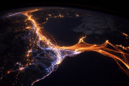 Glowing energy lines across Earth surface representing global flow power and planetary connectivity concept - Powered by Adobe