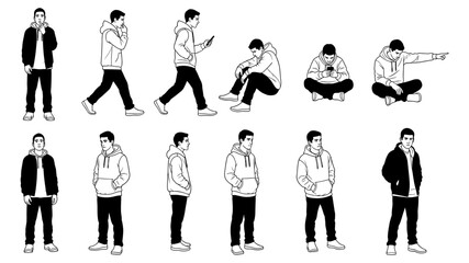 A collection of black and white line illustrations depicting a young man in various poses, showcasing different actions and perspectives.