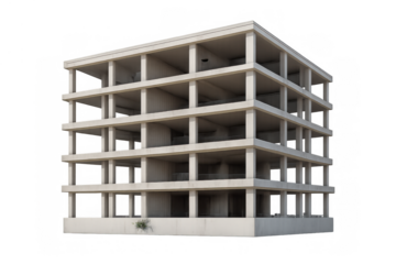 Unfinished concrete building frame with multiple floors, beams, and columns, representing construction, development, and urban growth