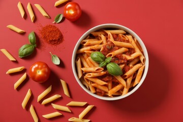 Culinary art delicious penne pasta with tomato sauce on a bright red aesthetic background