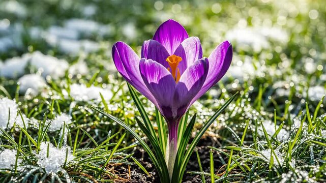 Time-lapse of a purple crocus flower blooming in the snow. The first spring flower emerges as winter snow melts away. New life and growth concept