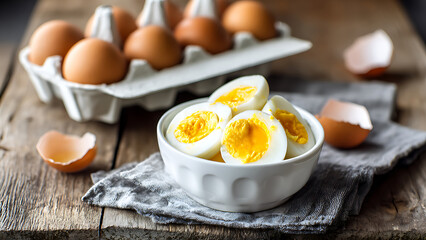 Rustic Morning Still Life: Sliced Hard-Boiled Eggs with Golden Yolks on a Wooden Table