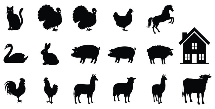 Collection of black silhouette icons representing various domestic farm animals including poultry livestock and pets alongside a simple house outline