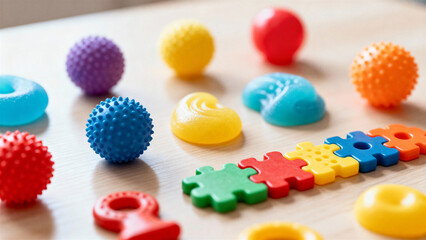 Colorful children's toys laid out on a wooden table 