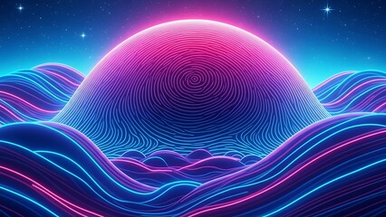 Futuristic Abstract Neon Landscape with Glowing Fingerprint Planet, Surreal Cosmic Art