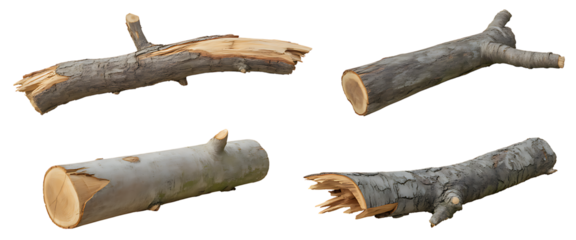 Collection of birch firewood logs isolated on transparent background