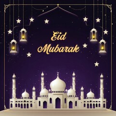 Eid mubarak celebration mosque design greeting card night sky festive atmosphere