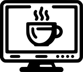 Online coffee concept: A graphic illustration depicts a steaming coffee cup icon centered on a computer monitor, conveying the essence of online coffee services or digital coffee culture.