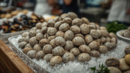 Clams displayed on ice at a market or seafood counter.