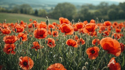 Obraz premium A field of orange poppies in bloom with a scenic rural landscape in the background.