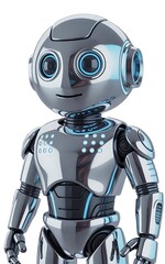 Shiny robotic figure with metallic body and blue accents