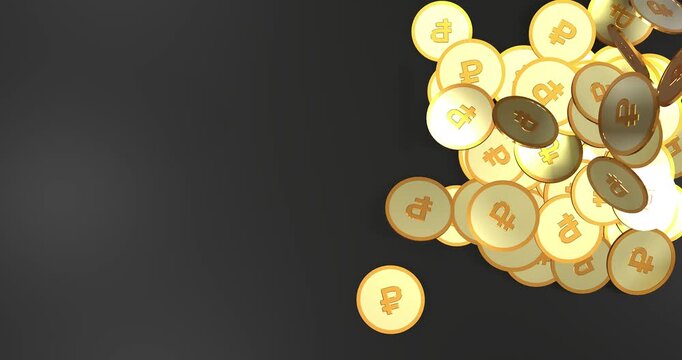 Top view falling russian ruble gold coins, 3d rendering of RUB currency rain, russia economy concept
