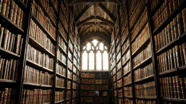 Rows of antique books fill a grand library hall with arched window and ceiling.