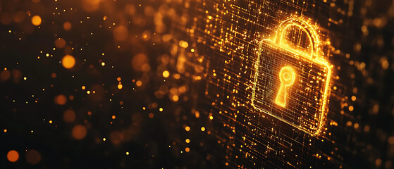 Premium commercial stock cybersecurity visual, mocha brown background with amber gold glow, 4D golden lock with rich metallic texture and depth illusion, warm digital finance backdrop, copy space on t