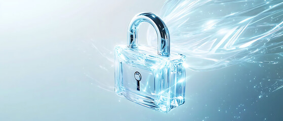 Clean commercial stock image, arctic white background with platinum and ice-blue accents, 4D platinum lock with floating depth and subtle motion effect, minimal futuristic digital design, large copy s