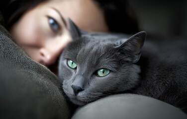 Engaging interaction between cat and owner captured in a serene home environment