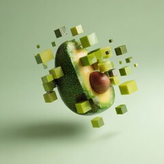 Pixelized cubic avocado transformation vibrant green environment 3d digital art abstract view